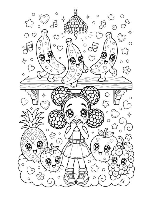 Coloring page of three dancing bananas at a ball